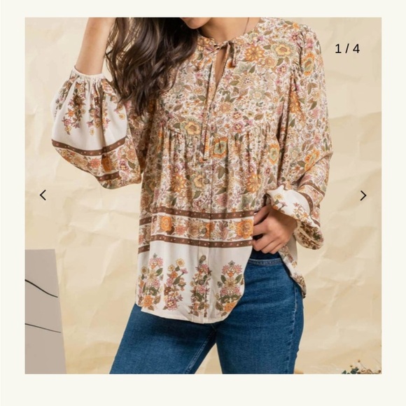 Blu Pepper Sz S Floral Bohemian Burton Blouse - Cream & Brown Balloon Sleeves - Picture 4 of 15